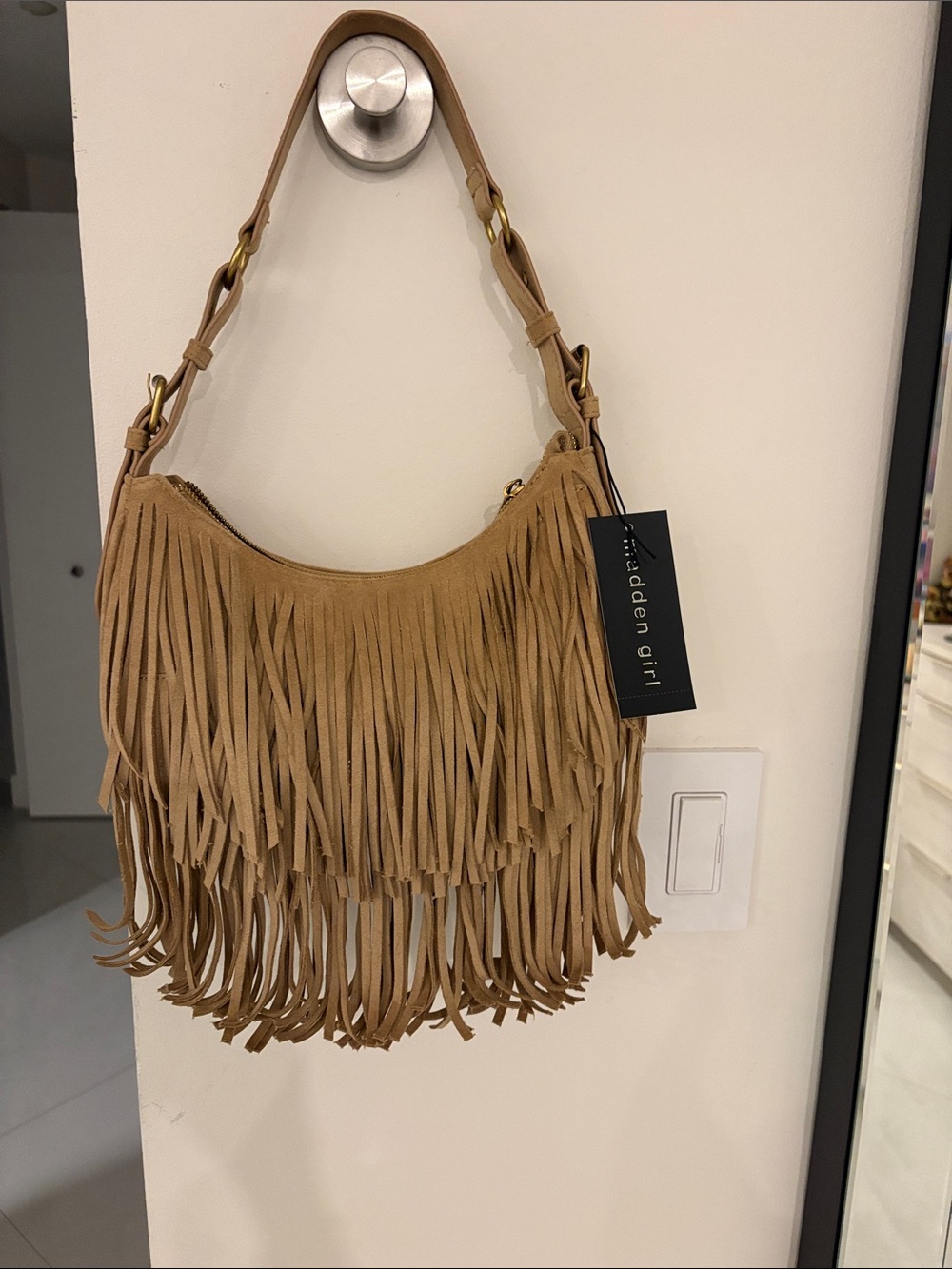 Madden Girl Suede-Look Tan Fringe Shoulder Bag